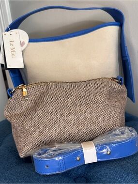 Le Miel Canvas Tote Bag with  Blue Trim and Removable Woven Pouch crossbody